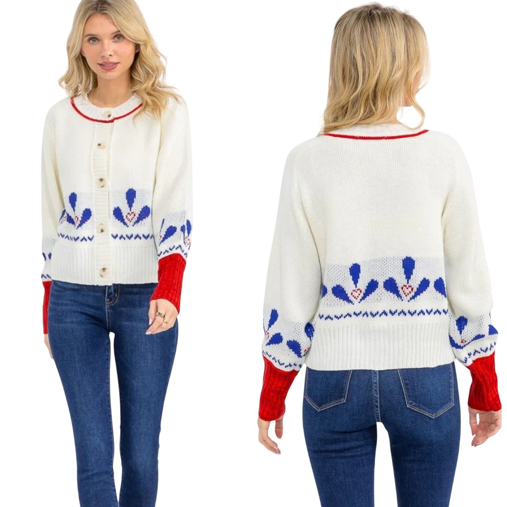 River Cream Red‎ Blue Fair Isle Knit Cardigan Sweater Women Medium NEW
